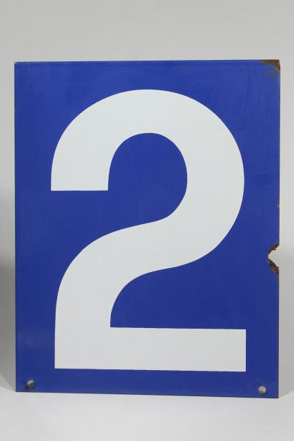 photo of large number sign, vintage industrial blue enamel metal gas station numbers, #2 or #0 #1