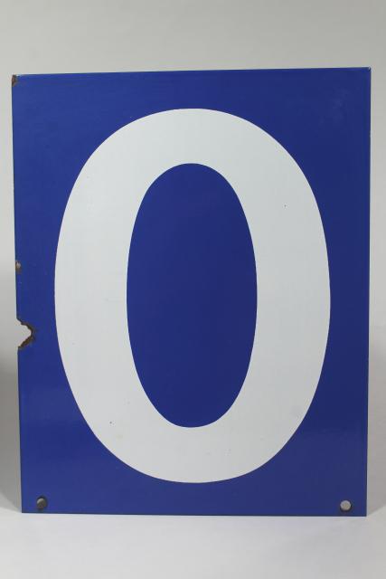 photo of large number sign, vintage industrial blue enamel metal gas station numbers, #2 or #0 #3