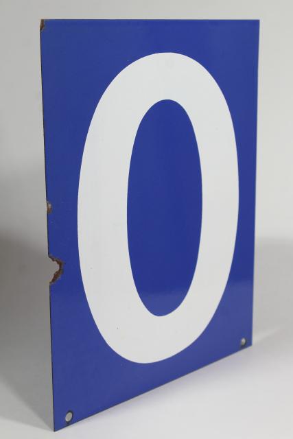 photo of large number sign, vintage industrial blue enamel metal gas station numbers, #2 or #0 #4