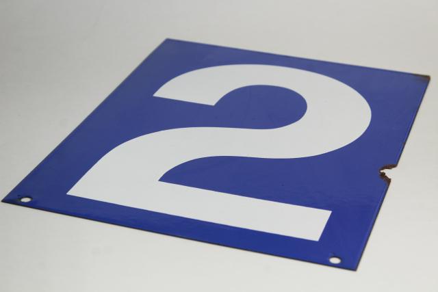 photo of large number sign, vintage industrial blue enamel metal gas station numbers, #2 or #0 #6