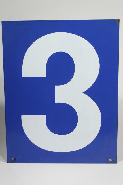 photo of large number sign, vintage industrial blue enamel metal gas station numbers, #3 or #4 #1