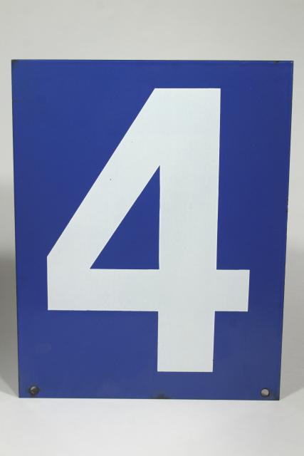 photo of large number sign, vintage industrial blue enamel metal gas station numbers, #3 or #4 #4