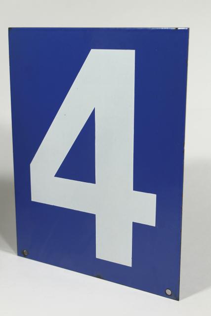 photo of large number sign, vintage industrial blue enamel metal gas station numbers, #3 or #4 #5