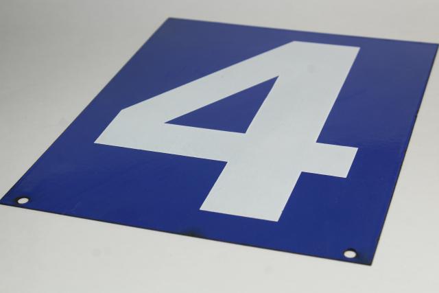 photo of large number sign, vintage industrial blue enamel metal gas station numbers, #3 or #4 #6