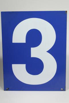 catalog photo of large number sign, vintage industrial blue enamel metal gas station numbers, #3 or #4