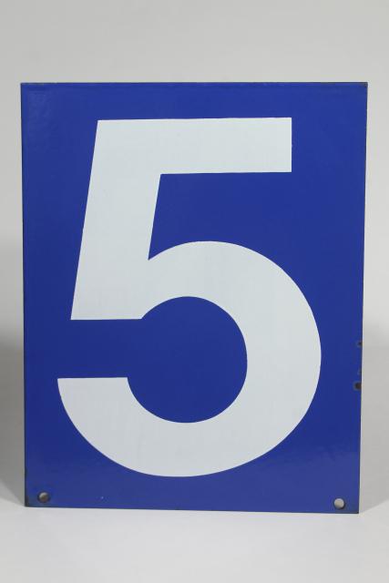 photo of large number sign, vintage industrial blue enamel metal gas station numbers, #3 or #5 #1