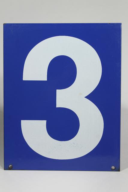 photo of large number sign, vintage industrial blue enamel metal gas station numbers, #3 or #5 #2