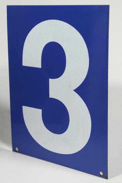 photo of large number sign, vintage industrial blue enamel metal gas station numbers, #3 or #5 #3