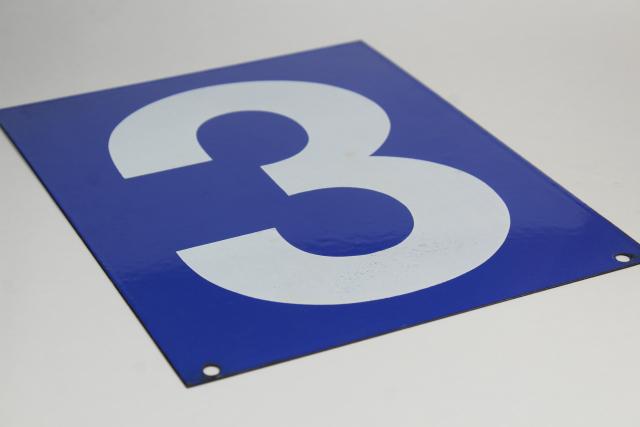 photo of large number sign, vintage industrial blue enamel metal gas station numbers, #3 or #5 #7