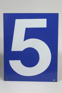 catalog photo of large number sign, vintage industrial blue enamel metal gas station numbers, #3 or #5