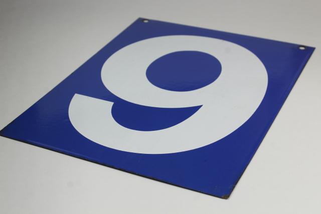 photo of large number sign, vintage industrial blue enamel metal gas station numbers, #6 or #7 #3