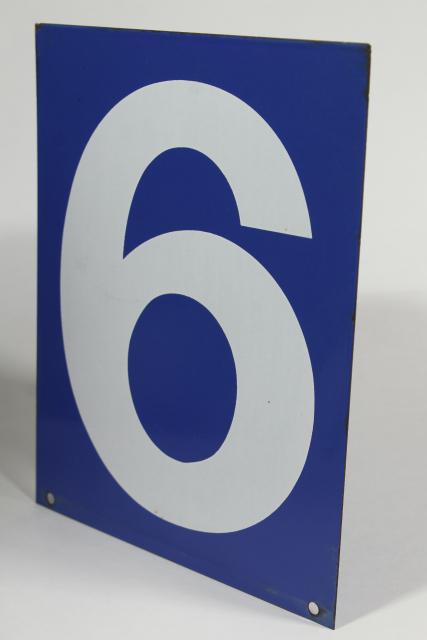 photo of large number sign, vintage industrial blue enamel metal gas station numbers, #6 or #7 #6