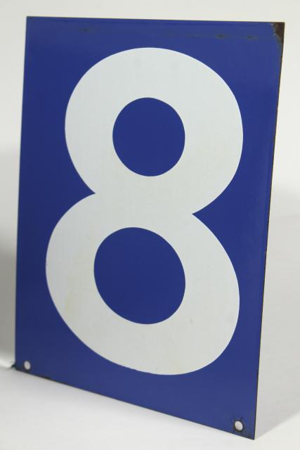 photo of large number sign, vintage industrial blue enamel metal gas station numbers, #8 or #9 #5