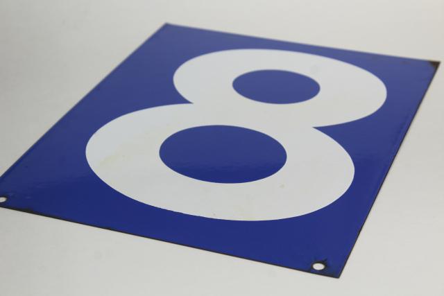 photo of large number sign, vintage industrial blue enamel metal gas station numbers, #8 or #9 #7