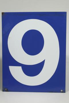 catalog photo of large number sign, vintage industrial blue enamel metal gas station numbers, #8 or #9