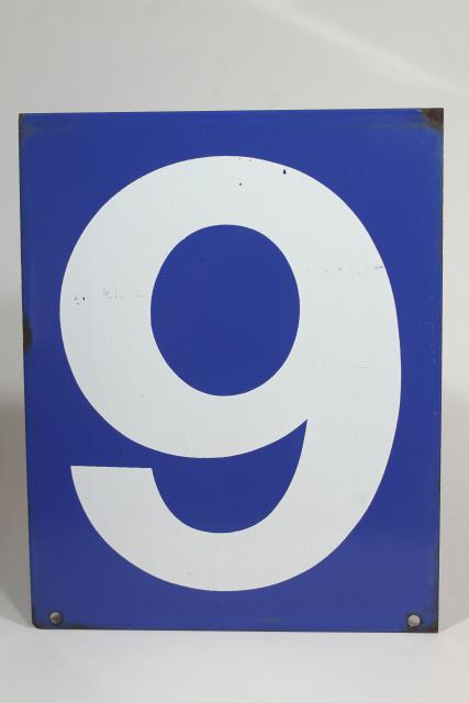 photo of large number sign, vintage industrial blue enamel metal gas station numbers, #8 or #9 #3