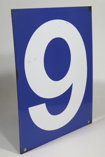photo of large number sign, vintage industrial blue enamel metal gas station numbers, #8 or #9 #5
