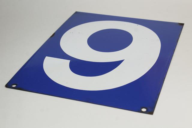 photo of large number sign, vintage industrial blue enamel metal gas station numbers, #8 or #9 #6