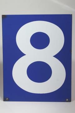 catalog photo of large number sign, vintage industrial blue enamel metal gas station numbers, #8 or #9