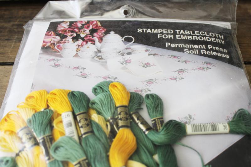 photo of large oblong tablecloth stamped to embroider, vintage sealed kit w/ embroidery floss #1