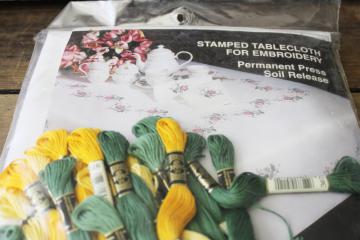 catalog photo of large oblong tablecloth stamped to embroider, vintage sealed kit w/ embroidery floss
