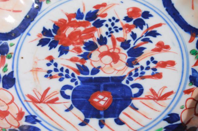 photo of large old Japanese porcelain bowl, hand painted red and blue Imari design china dish #4