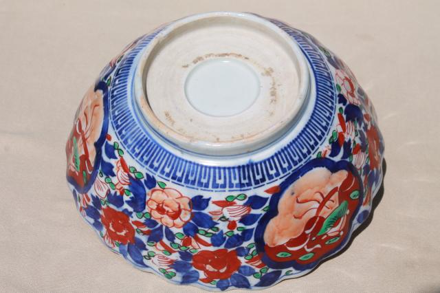 photo of large old Japanese porcelain bowl, hand painted red and blue Imari design china dish #8