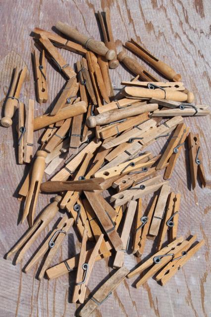 photo of large old glass jar full of vintage clothespins, primitive wood clothespins lot #3