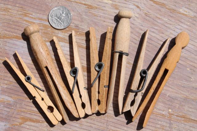 photo of large old glass jar full of vintage clothespins, primitive wood clothespins lot #4