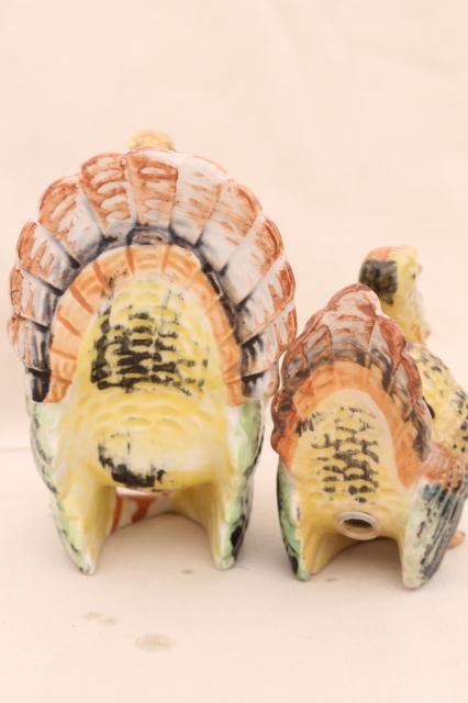 photo of large old hand painted china turkeys, vintage Thanksgiving table salt & pepper shakers #8