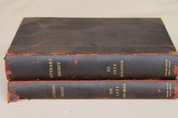 catalog photo of large old leather bound books, antique 1930s vintage Literary Digest magazines