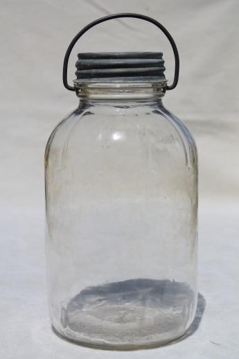 photo of large old pickle jars w/ wire bail handles, vintage Duraglas 2 qt canning jar lot #6