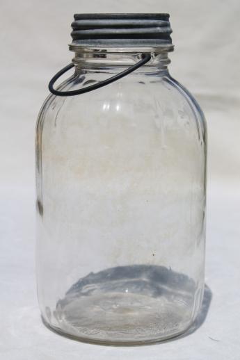 photo of large old pickle jars w/ wire bail handles, vintage Duraglas 2 qt canning jar lot #7