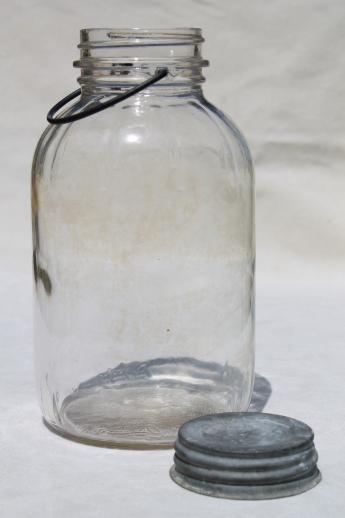 photo of large old pickle jars w/ wire bail handles, vintage Duraglas 2 qt canning jar lot #8