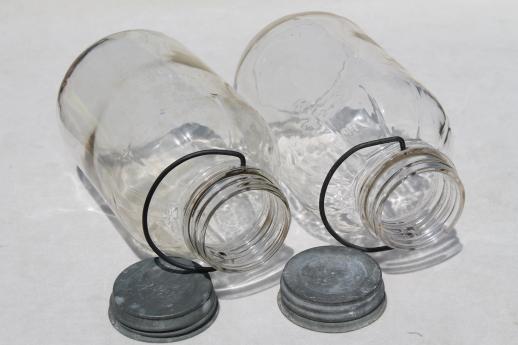 photo of large old pickle jars w/ wire bail handles, vintage Duraglas 2 qt canning jar lot #9