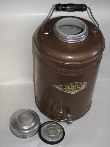 photo of large old picnic / camping thermos bottle, vintage Perfection Thermic Jug w/ wood handle #2