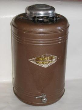 catalog photo of large old picnic / camping thermos bottle, vintage Perfection Thermic Jug w/ wood handle