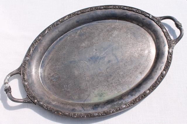 photo of large old silver plate waiter's tray, vintage serving tray Wm Rogers Victorian Rose #5