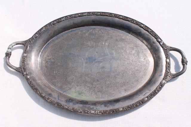 photo of large old silver plate waiter's tray, vintage serving tray Wm Rogers Victorian Rose #6