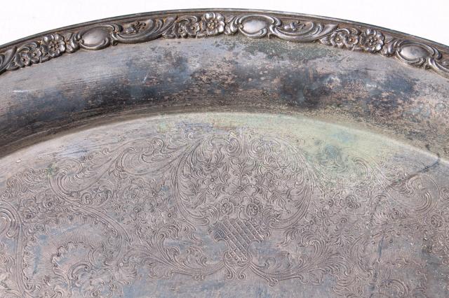 photo of large old silver plate waiter's tray, vintage serving tray Wm Rogers Victorian Rose #10