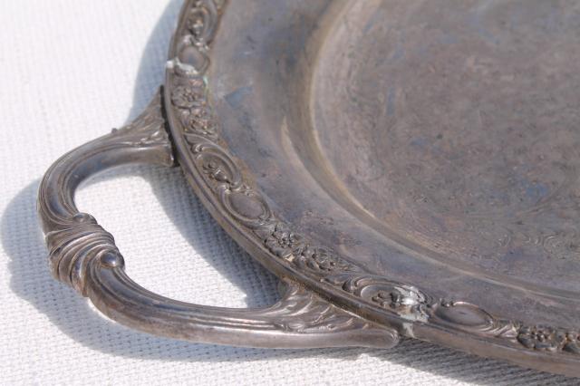 photo of large old silver plate waiter's tray, vintage serving tray Wm Rogers Victorian Rose #12