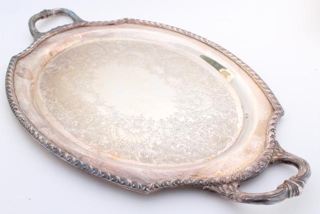 photo of large old silver serving tray, oval waiters tray Wickford patter silverplate #1