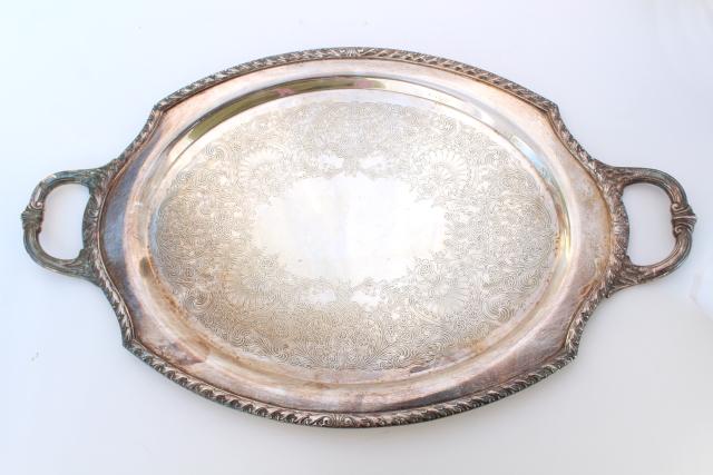 photo of large old silver serving tray, oval waiters tray Wickford patter silverplate #3