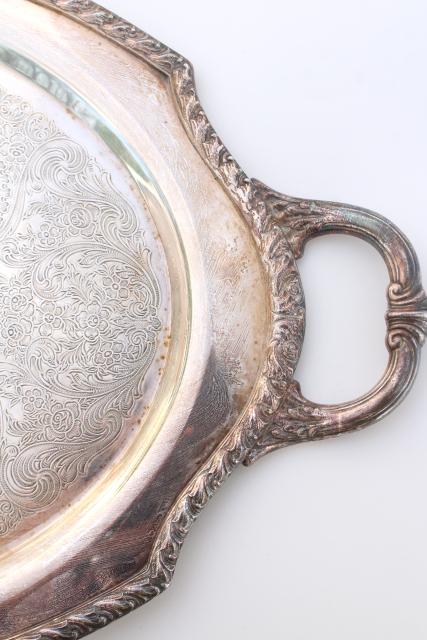 photo of large old silver serving tray, oval waiters tray Wickford patter silverplate #8