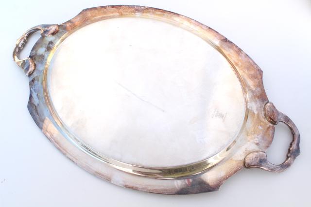 photo of large old silver serving tray, oval waiters tray Wickford patter silverplate #10