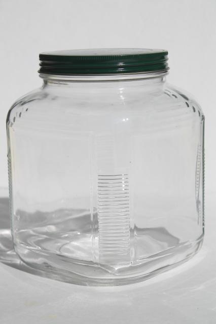 photo of large old square glass jar w/ metal lid, store counter / hoosier style pantry canister #1