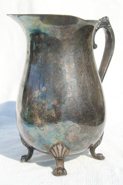 photo of large old tarnished silver pitcher, vintage silverplated pitcher w/ ice lip #1