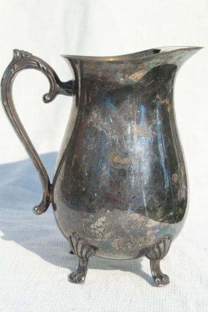 photo of large old tarnished silver pitcher, vintage silverplated pitcher w/ ice lip #5