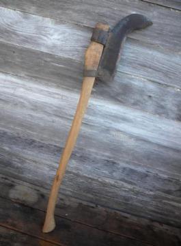 catalog photo of large old vintage billhook or brush axe, primitive farm tool