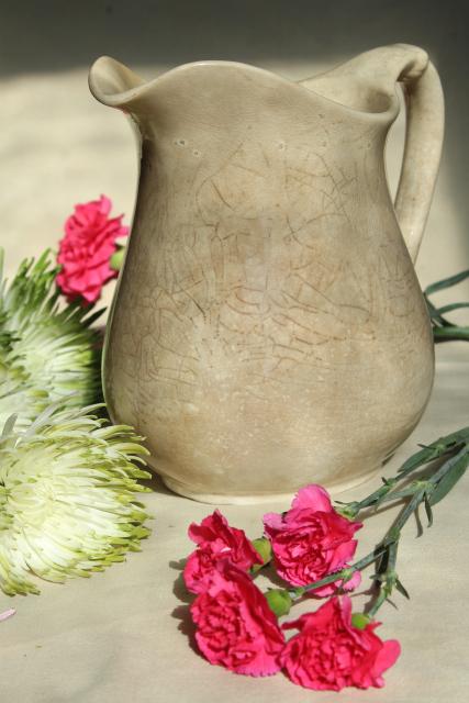 photo of large old wash pitcher or milk jug, shabby browned white china antique vintage #1